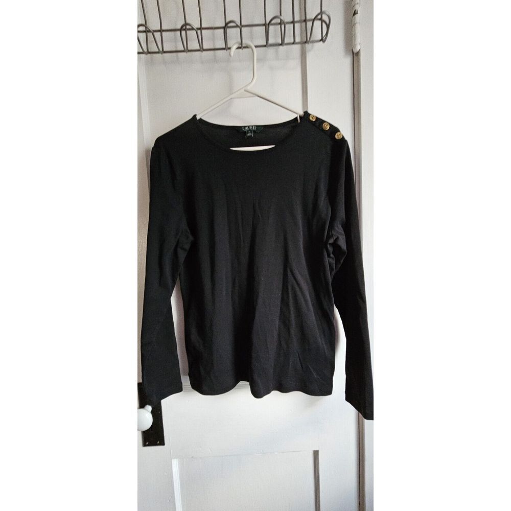 Lauren Ralph Lauren‎ Women XL 100% cotton Long Sleeve Black top Gold Button